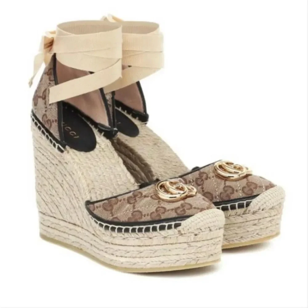NWT Gucci Monogram Beige Espadrille Wedges US 11 - Picture 3 of 6